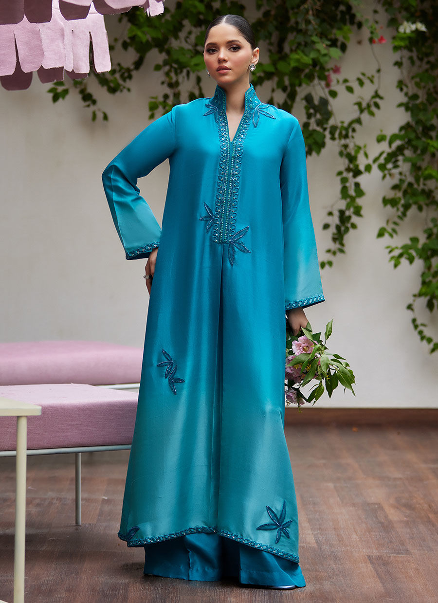 DEERI OMBRE BLUE EMBELLISHED KAFTAN CUT SHIRT | FARAH TALIB AZIZ