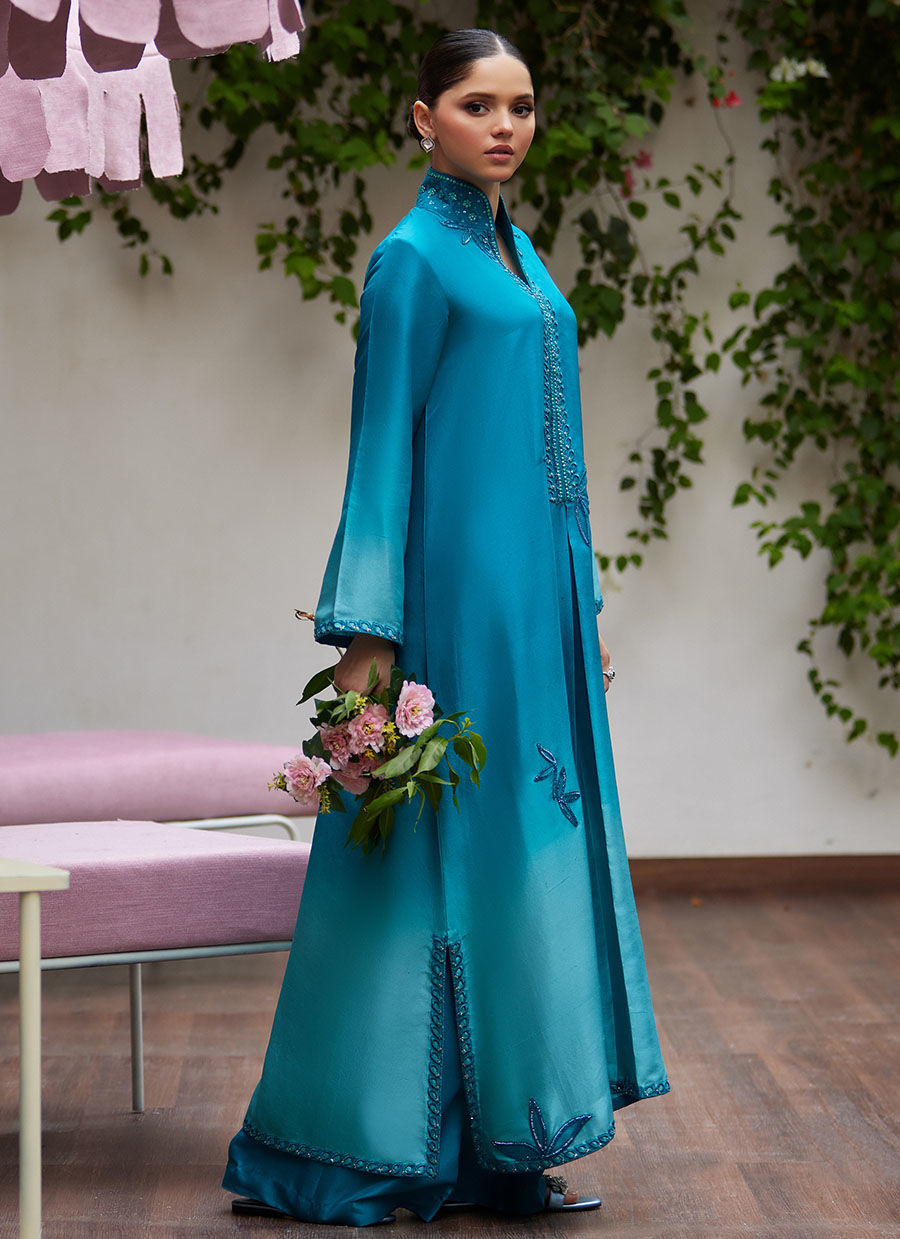 DEERI OMBRE BLUE EMBELLISHED KAFTAN CUT SHIRT | FARAH TALIB AZIZ