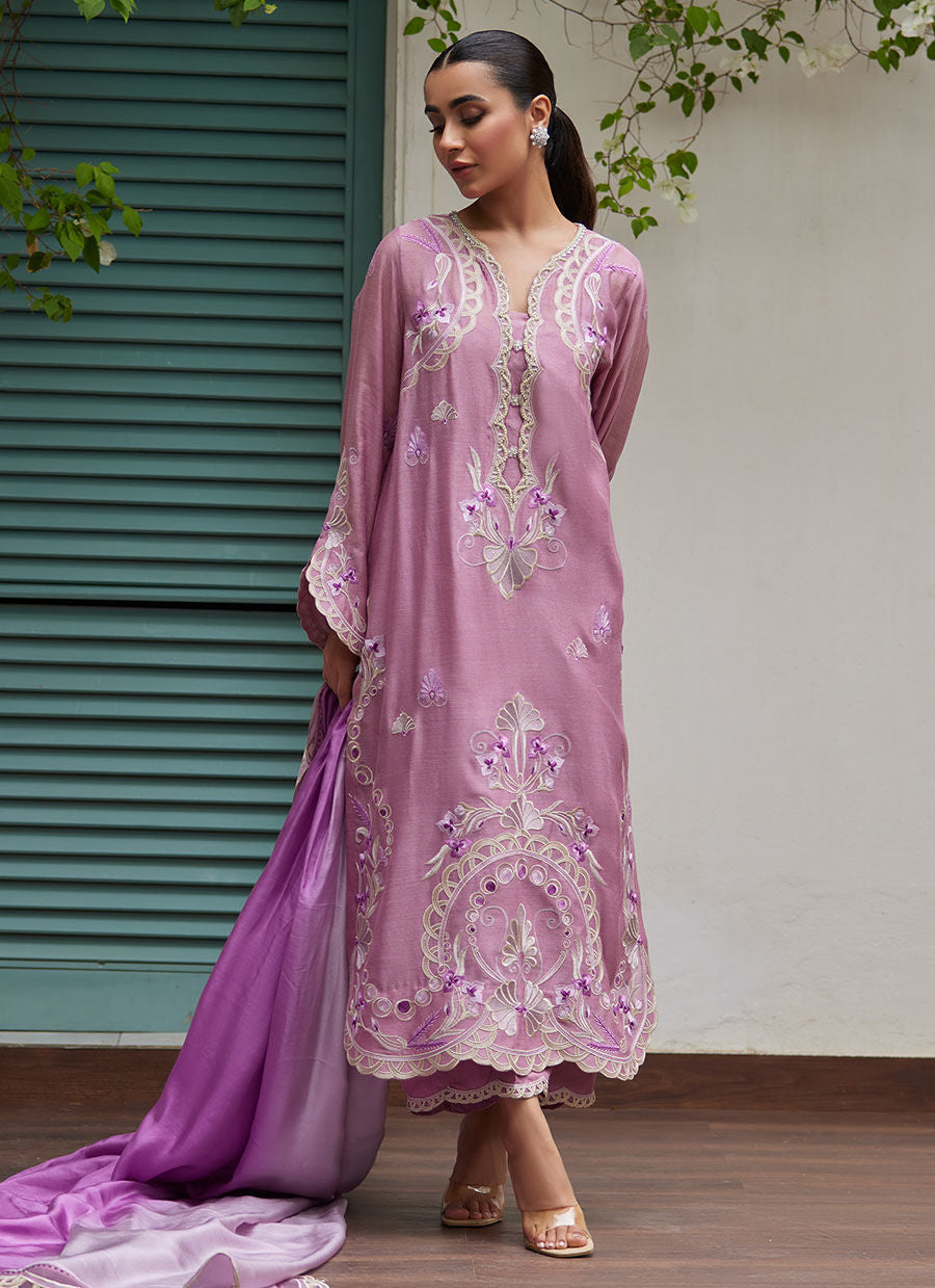 IVAN MAUVE EMBROIDERED COTTON NET SHIRT WITH MEDIUM SILK DUPATTA | FARAH TALIB AZIZ