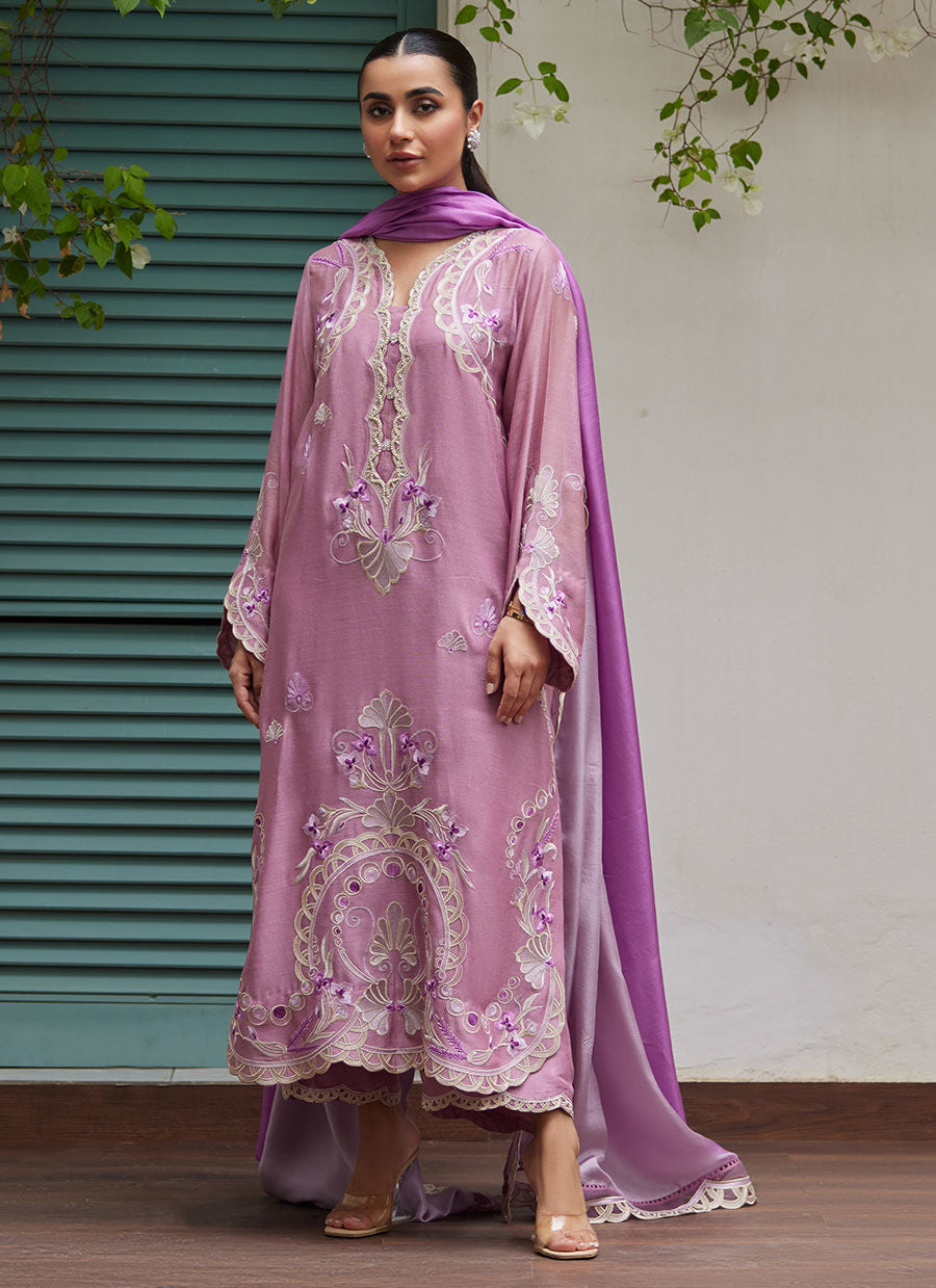 IVAN MAUVE EMBROIDERED COTTON NET SHIRT WITH MEDIUM SILK DUPATTA | FARAH TALIB AZIZ