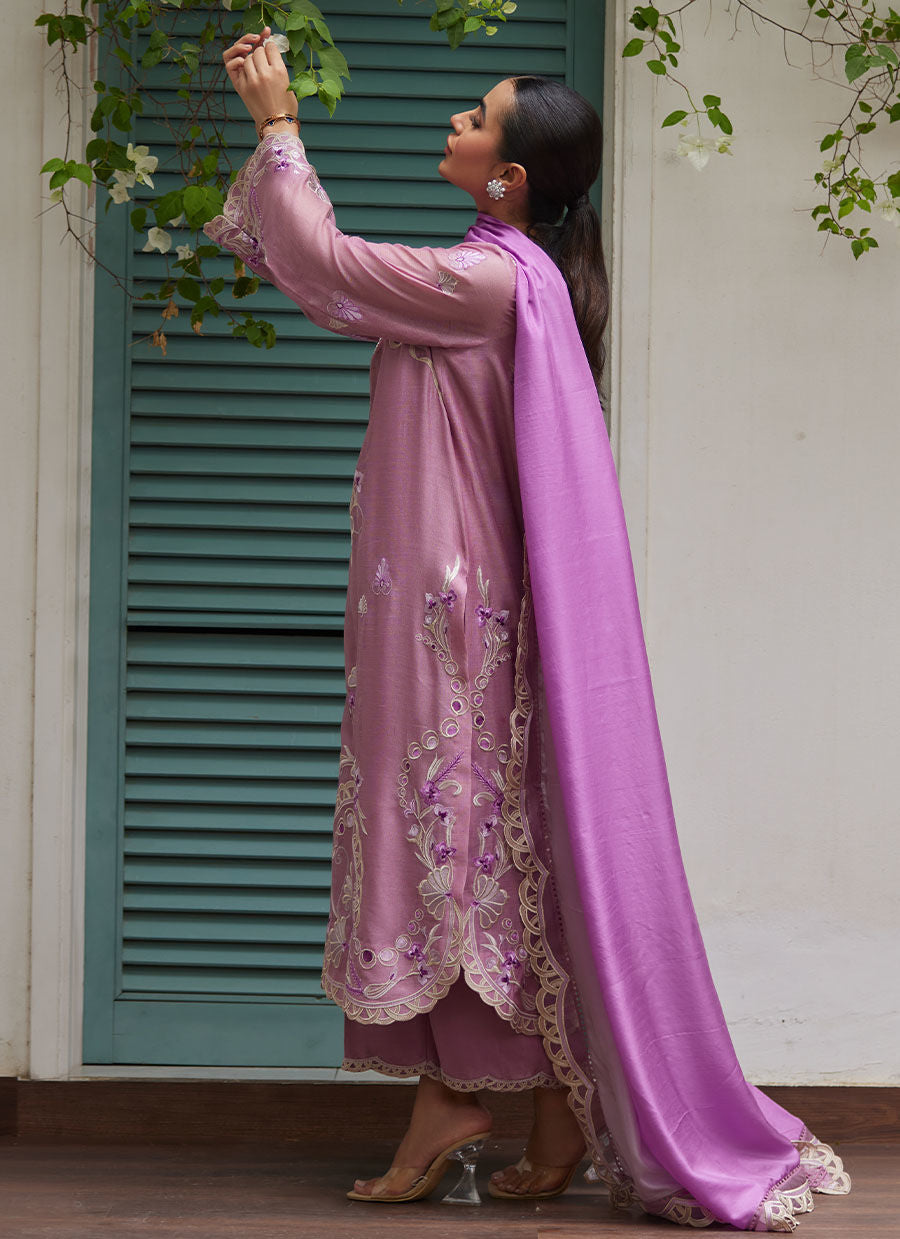 IVAN MAUVE EMBROIDERED COTTON NET SHIRT WITH MEDIUM SILK DUPATTA | FARAH TALIB AZIZ