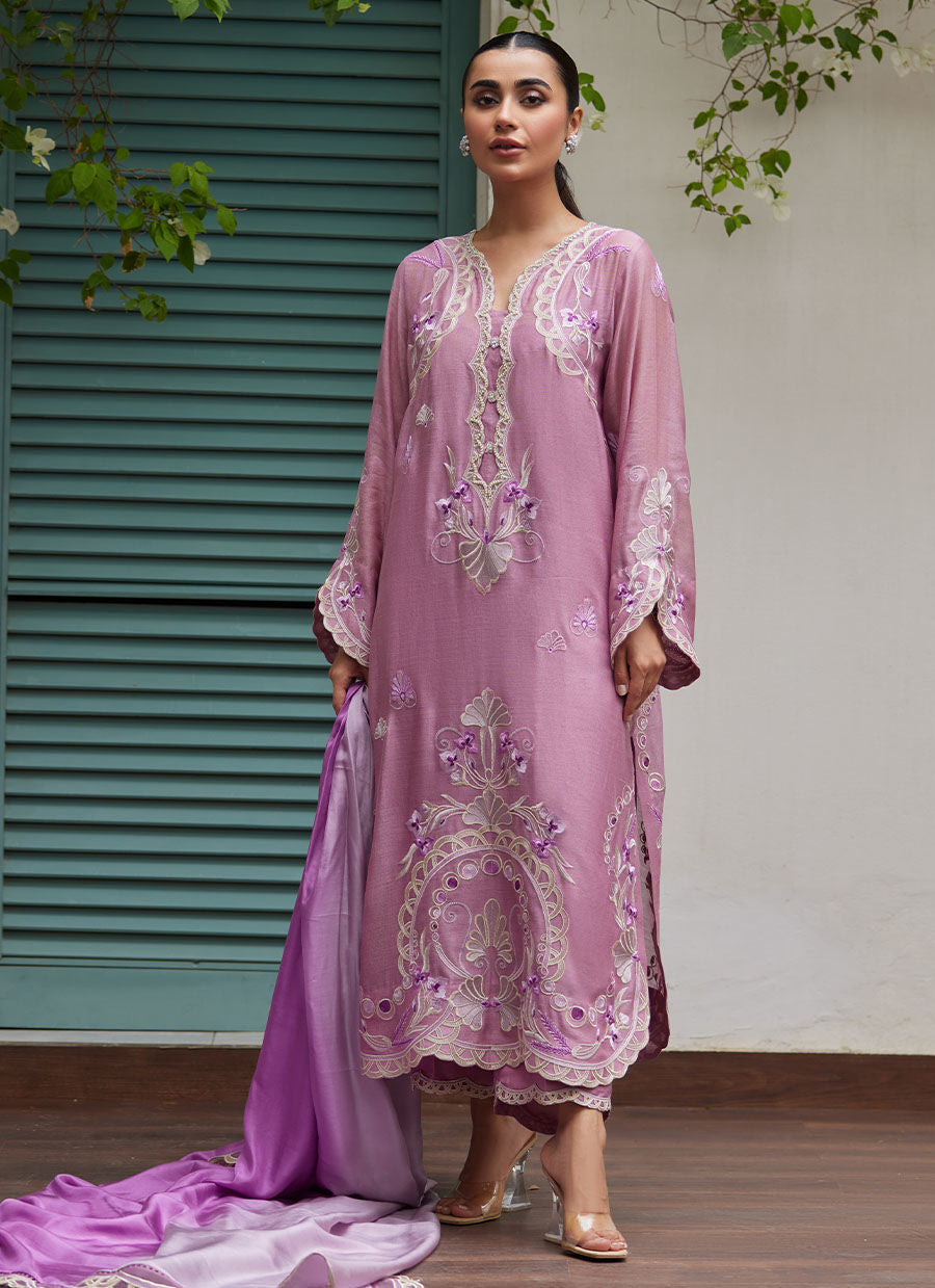 IVAN MAUVE EMBROIDERED COTTON NET SHIRT WITH MEDIUM SILK DUPATTA | FARAH TALIB AZIZ