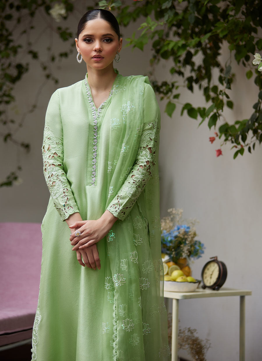 KATYA APPLE GREEN CUTWORK RAW SILK SHIRT WITH ORGANZA DUPATTA | FARAH TALIB AZIZ