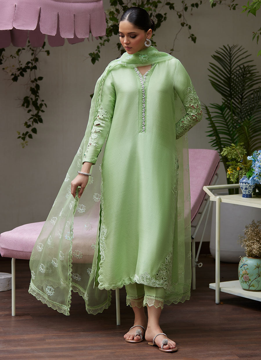 KATYA APPLE GREEN CUTWORK RAW SILK SHIRT WITH ORGANZA DUPATTA | FARAH TALIB AZIZ