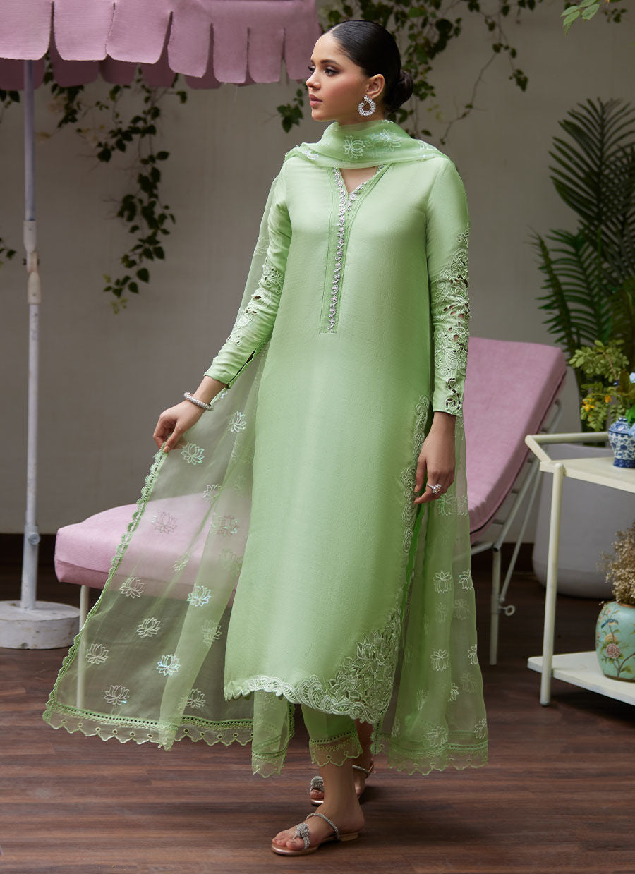 KATYA APPLE GREEN CUTWORK RAW SILK SHIRT WITH ORGANZA DUPATTA | FARAH TALIB AZIZ
