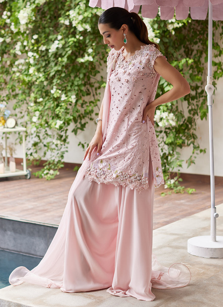 KARINA BLUSH SCHIFFLI RAW SILK SHIRT WITH PRE-DRAPED DUPATTA | PRET | FARAH TALIB AZIZ