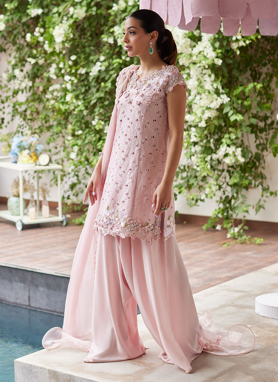 KARINA BLUSH SCHIFFLI RAW SILK SHIRT WITH PRE-DRAPED DUPATTA | PRET | FARAH TALIB AZIZ