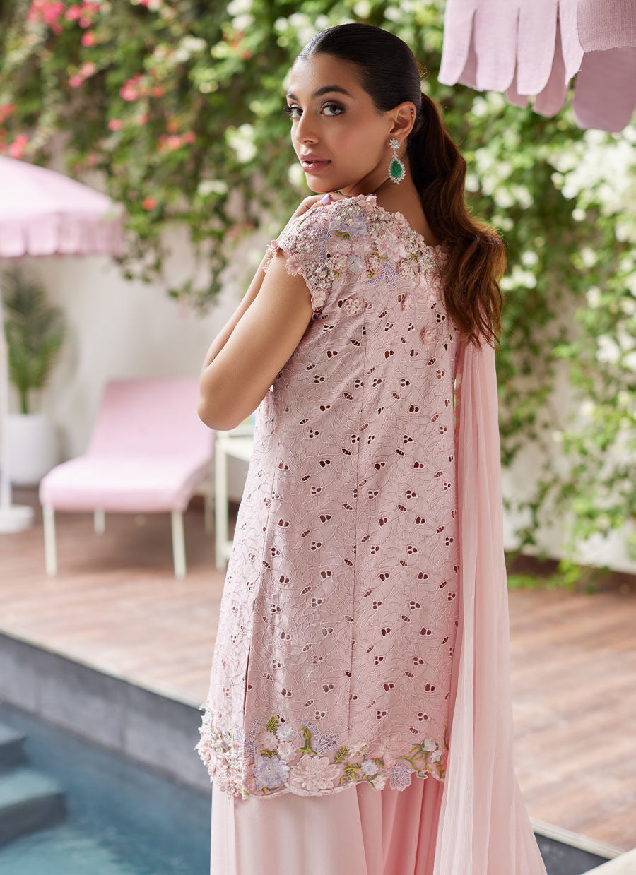 KARINA BLUSH SCHIFFLI RAW SILK SHIRT WITH PRE-DRAPED DUPATTA | PRET | FARAH TALIB AZIZ