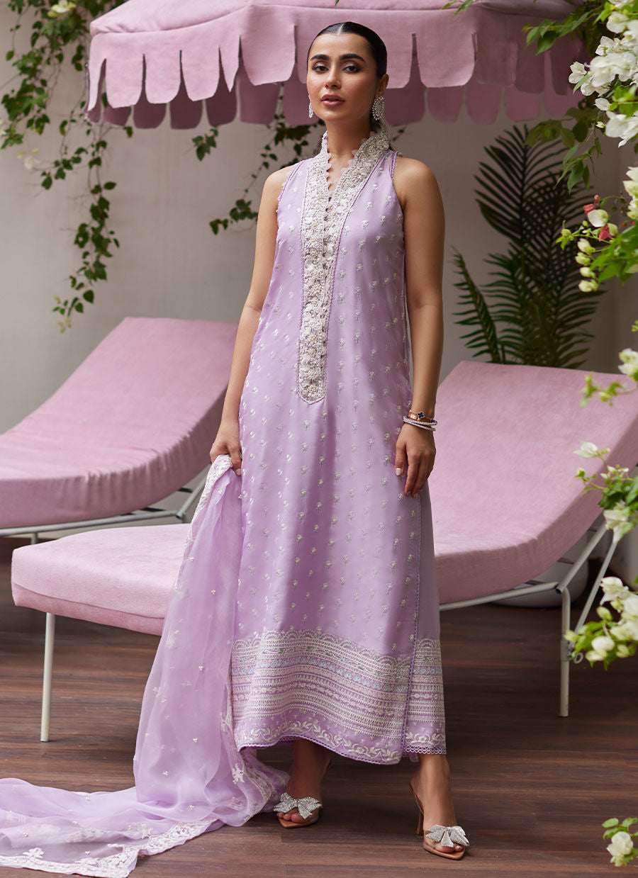 LARISSA LAVENDER EMBROIDERED COLUMN SHIRT WITH ORGANZA DUPATTA | FARAH TALIB AZIZ