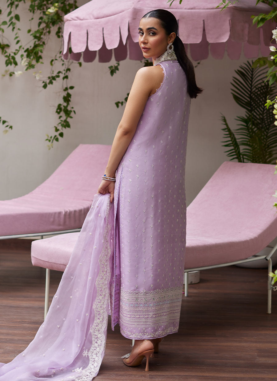 LARISSA LAVENDER EMBROIDERED COLUMN SHIRT WITH ORGANZA DUPATTA | FARAH TALIB AZIZ