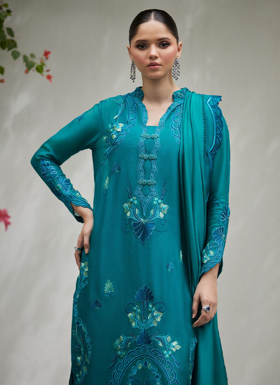 LEONA EMERALD EMBROIDERED COTTON NET SHIRT WITH SILK DUPATTA | FARAH TALIB AZIZ