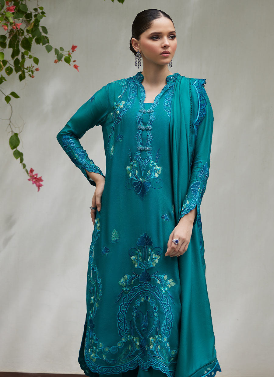 LEONA EMERALD EMBROIDERED COTTON NET SHIRT WITH SILK DUPATTA | FARAH TALIB AZIZ