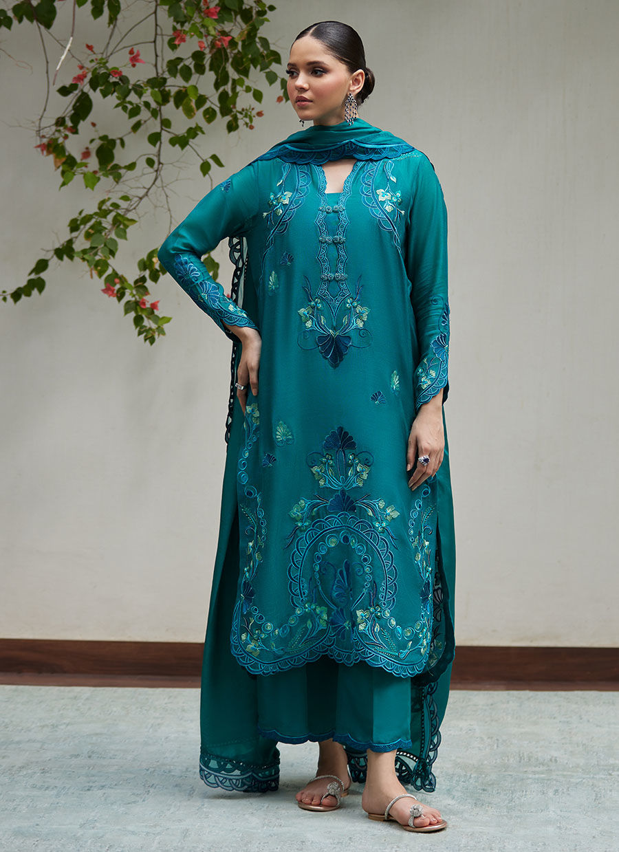 LEONA EMERALD EMBROIDERED COTTON NET SHIRT WITH SILK DUPATTA | FARAH TALIB AZIZ
