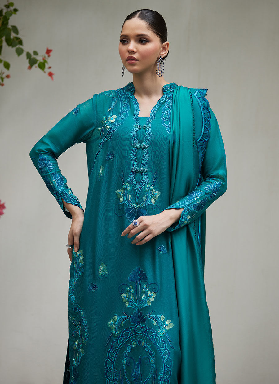 LEONA EMERALD EMBROIDERED COTTON NET SHIRT WITH SILK DUPATTA | FARAH TALIB AZIZ