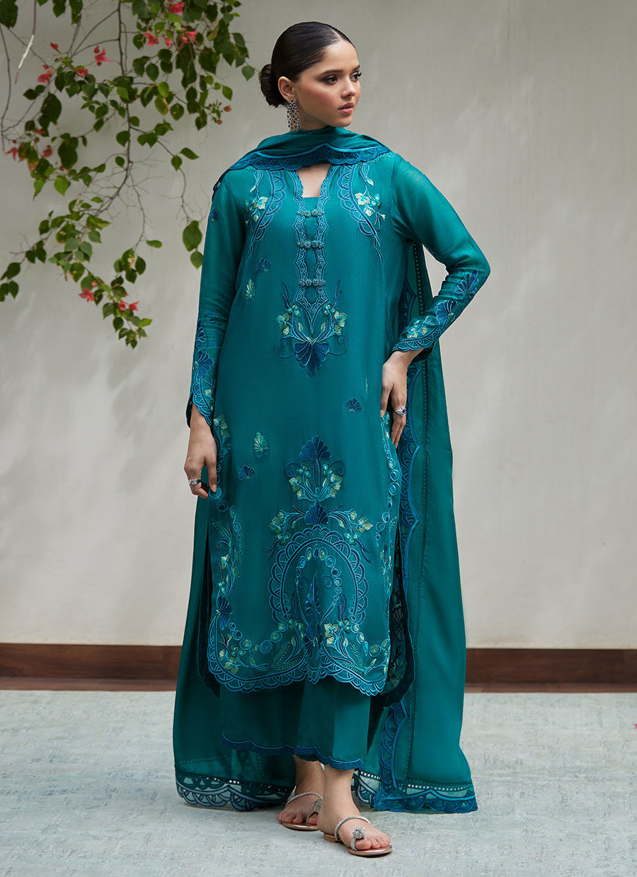 LEONA EMERALD EMBROIDERED COTTON NET SHIRT WITH SILK DUPATTA | FARAH TALIB AZIZ