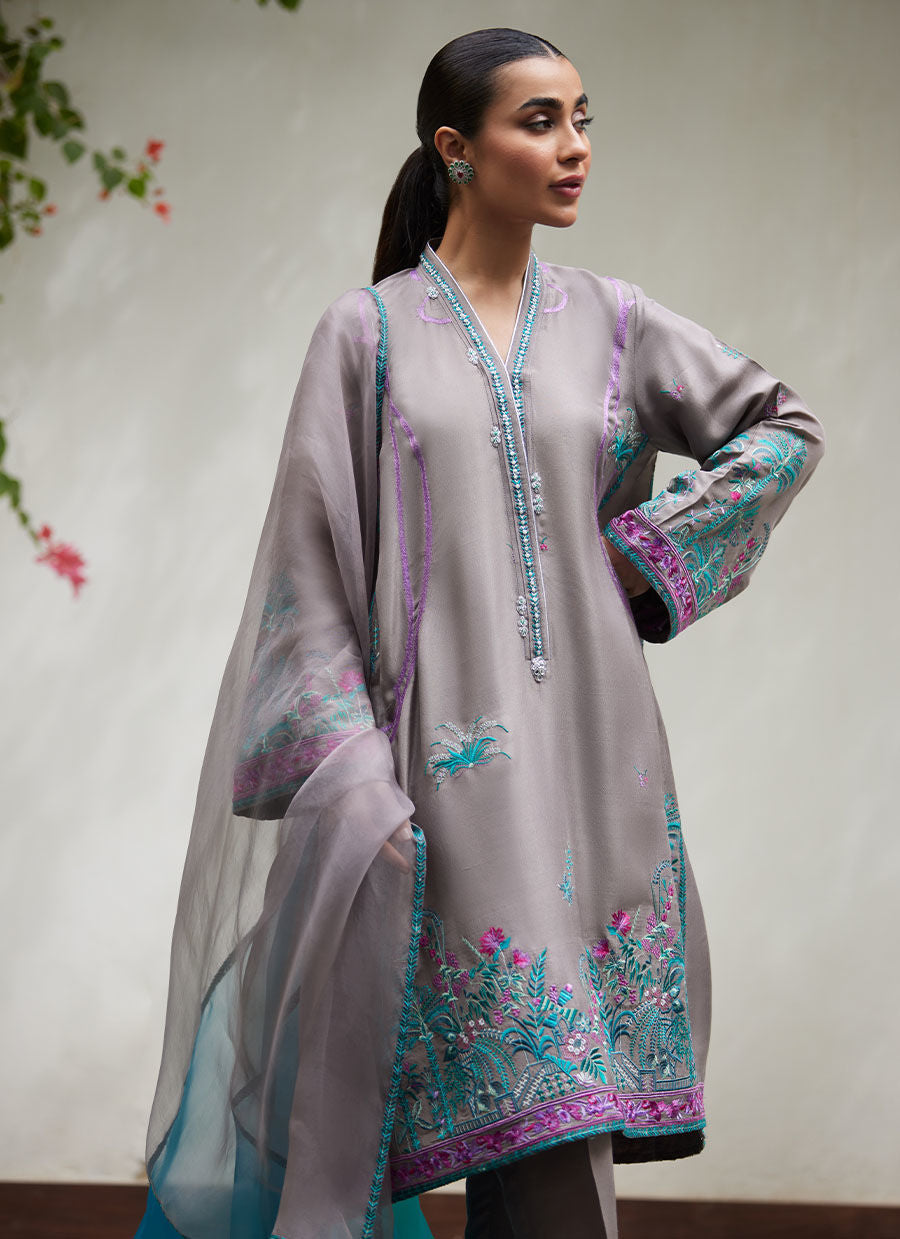 NATALYA CHARCOAL EMBROIDERED RAW SILK SHIRT WITH ORGANZA DUPATTA | FARAH TALIB AZIZ