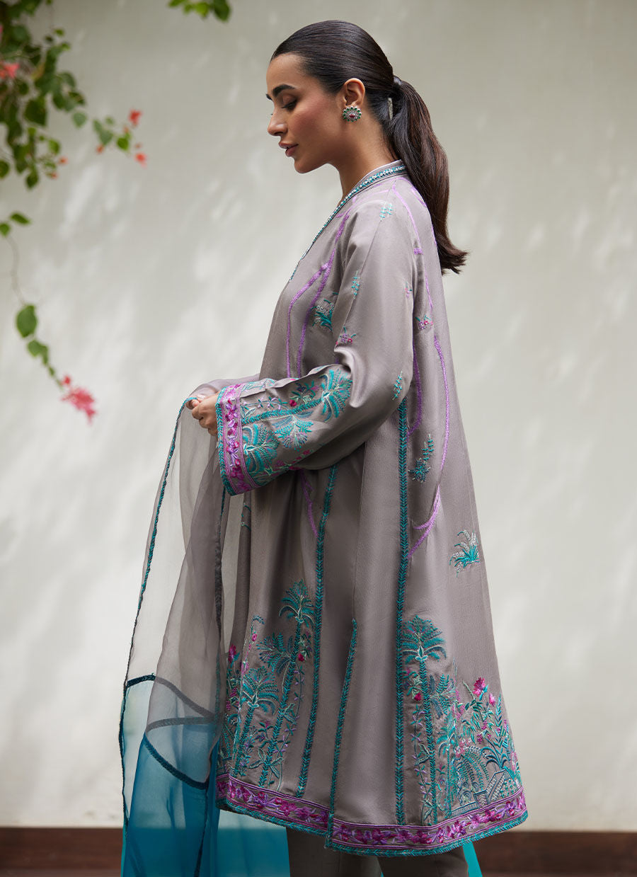 NATALYA CHARCOAL EMBROIDERED RAW SILK SHIRT WITH ORGANZA DUPATTA | FARAH TALIB AZIZ