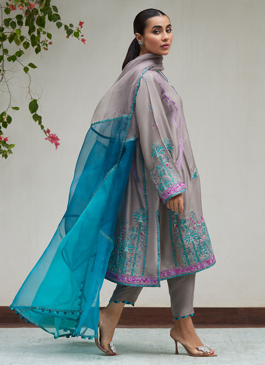 NATALYA CHARCOAL EMBROIDERED RAW SILK SHIRT WITH ORGANZA DUPATTA | FARAH TALIB AZIZ