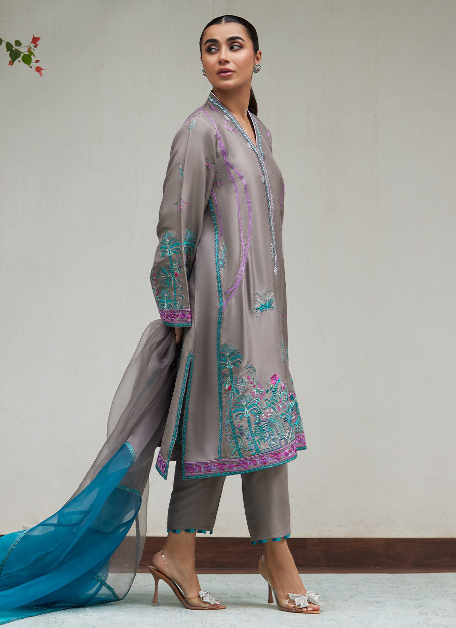 NATALYA CHARCOAL EMBROIDERED RAW SILK SHIRT WITH ORGANZA DUPATTA | FARAH TALIB AZIZ