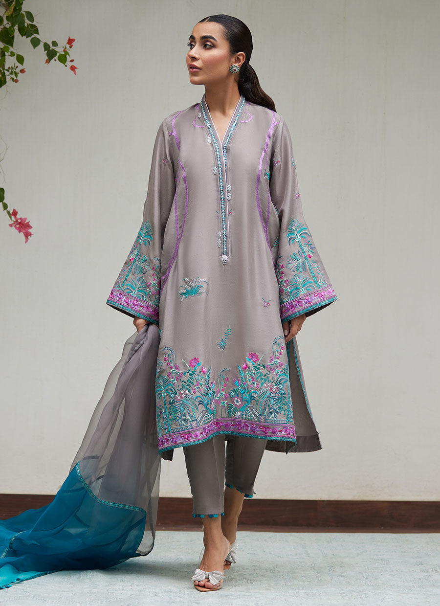 NATALYA CHARCOAL EMBROIDERED RAW SILK SHIRT WITH ORGANZA DUPATTA | FARAH TALIB AZIZ