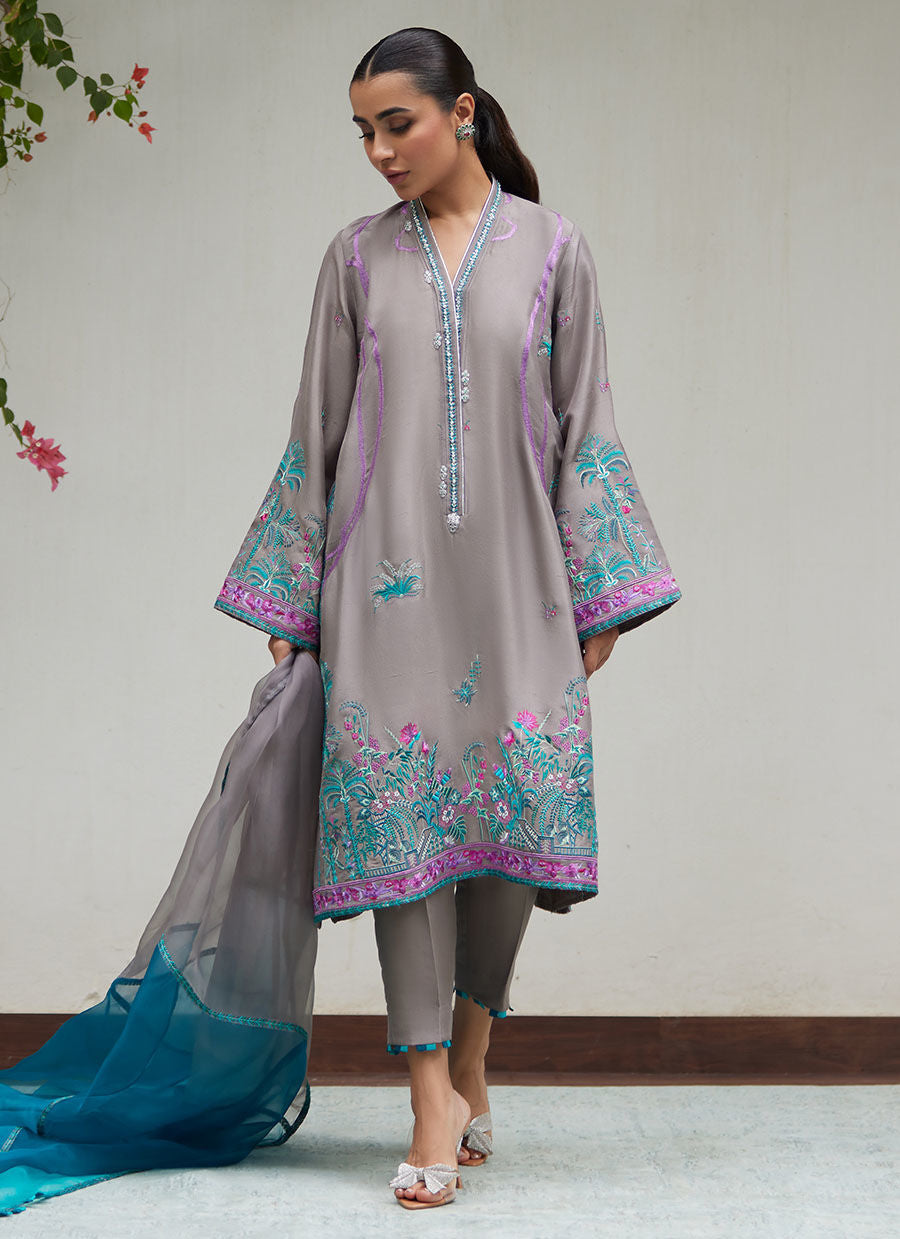 NATALYA CHARCOAL EMBROIDERED RAW SILK SHIRT WITH ORGANZA DUPATTA | FARAH TALIB AZIZ