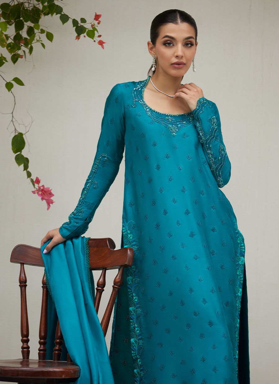 PERSIAN GREEN EMBROIDERED AND EMBELLISHED RAW SILK SHIRT WITH DUPATTA | FARAH TALIB AZIZ