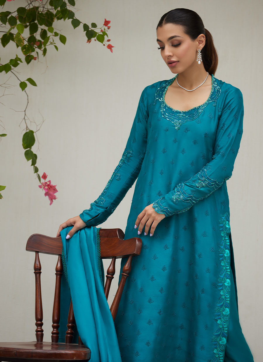 PERSIAN GREEN EMBROIDERED AND EMBELLISHED RAW SILK SHIRT WITH DUPATTA | FARAH TALIB AZIZ