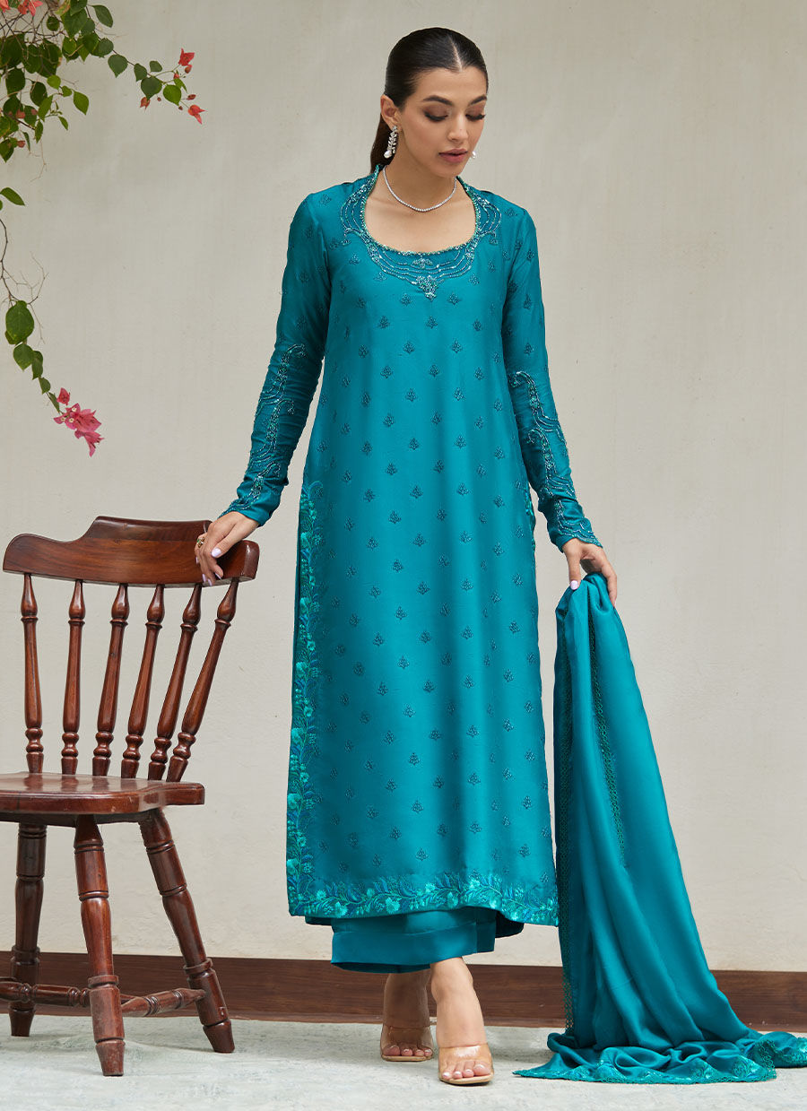 PERSIAN GREEN EMBROIDERED AND EMBELLISHED RAW SILK SHIRT WITH DUPATTA | FARAH TALIB AZIZ
