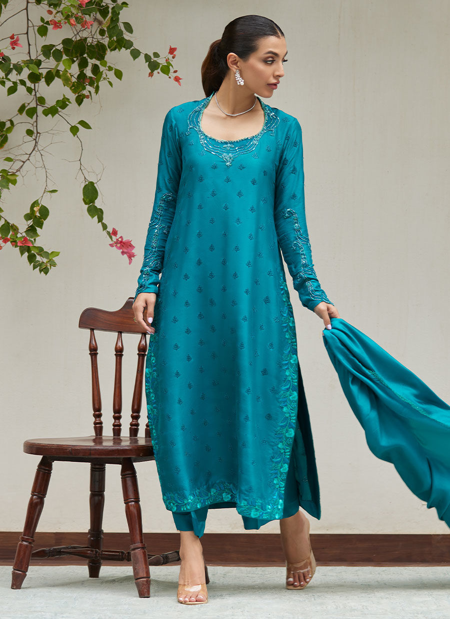 PERSIAN GREEN EMBROIDERED AND EMBELLISHED RAW SILK SHIRT WITH DUPATTA | FARAH TALIB AZIZ