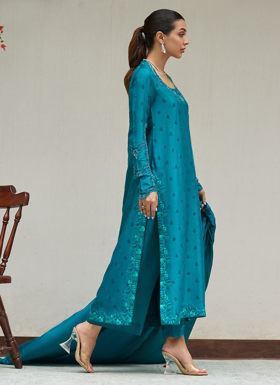 PERSIAN GREEN EMBROIDERED AND EMBELLISHED RAW SILK SHIRT WITH DUPATTA | FARAH TALIB AZIZ