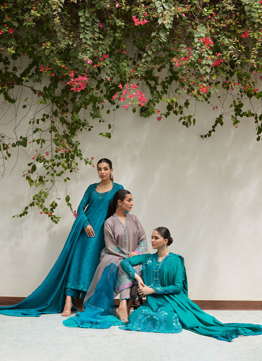PERSIAN GREEN EMBROIDERED AND EMBELLISHED RAW SILK SHIRT WITH DUPATTA | FARAH TALIB AZIZ