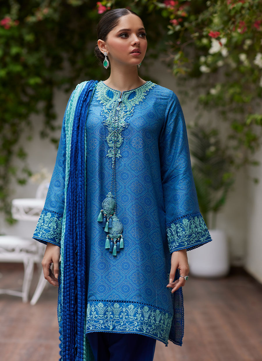 FAINA COBALT BLUE EMBROIDERED RAW SILK SHIRT AND DUPATTA | FARAH TALIB AZIZ