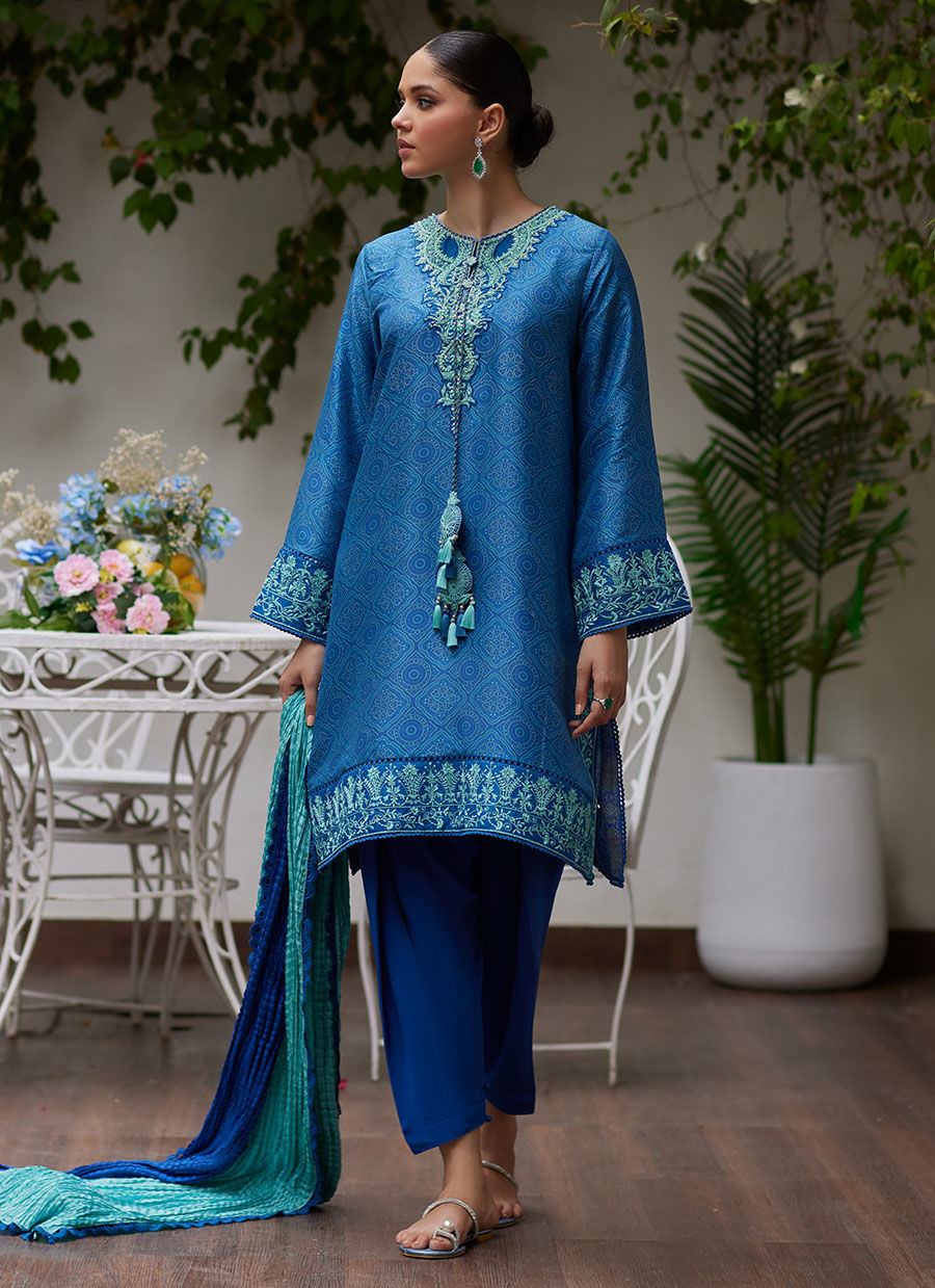 FAINA COBALT BLUE EMBROIDERED RAW SILK SHIRT AND DUPATTA | FARAH TALIB AZIZ