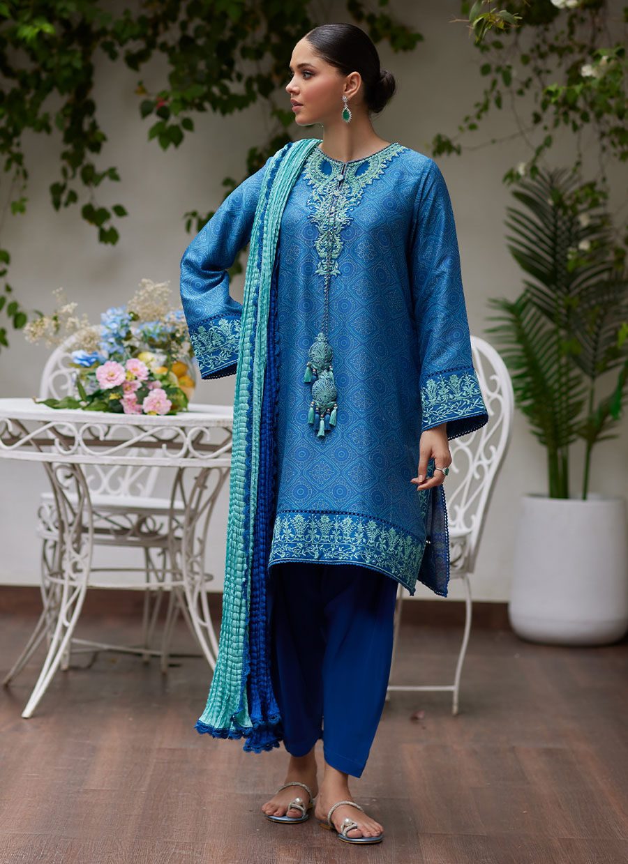 FAINA COBALT BLUE EMBROIDERED RAW SILK SHIRT AND DUPATTA | FARAH TALIB AZIZ