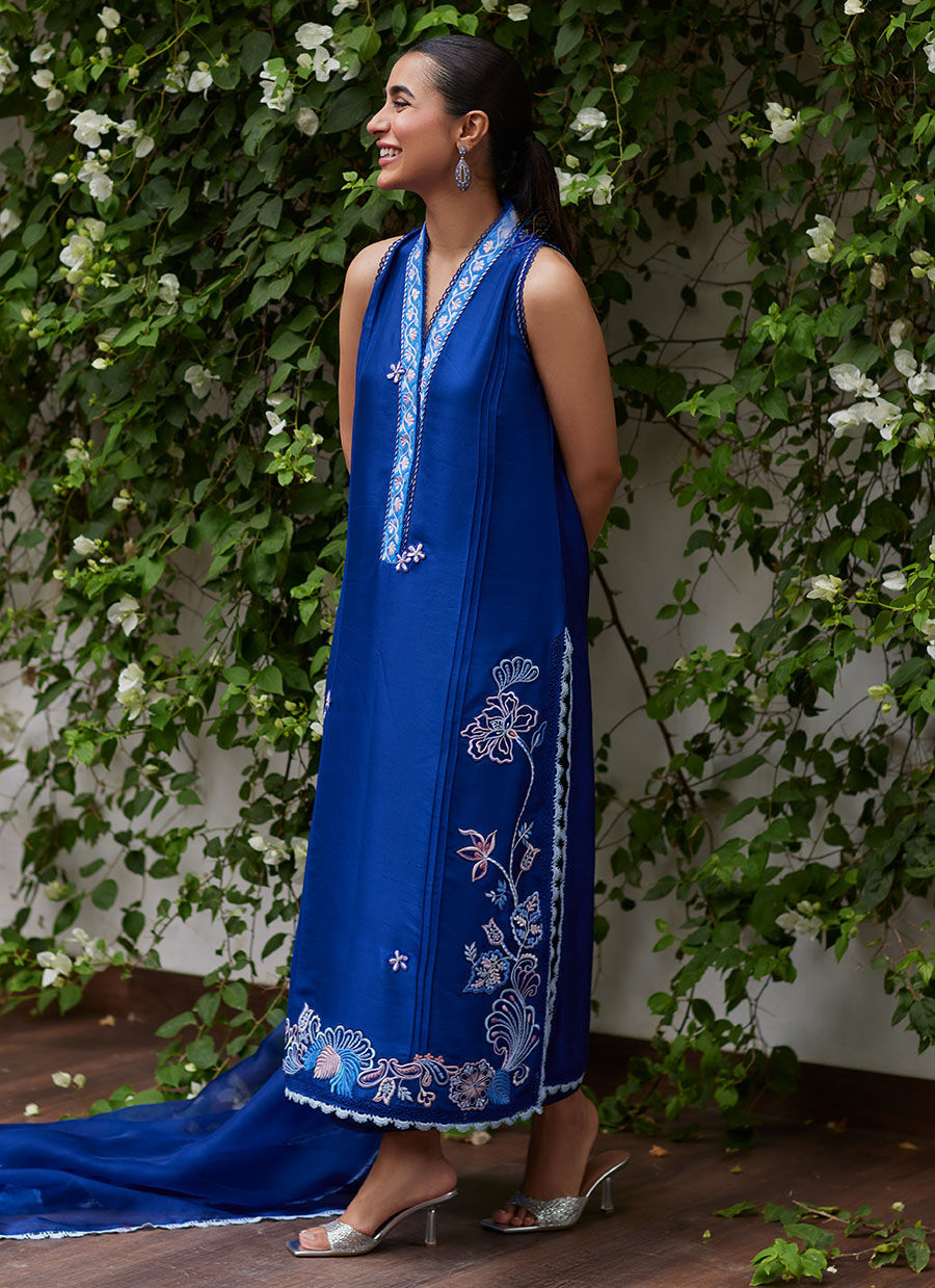 INGA INK BLUE EMBROIDERED RAW SILK SHIRT AND DUPATTA | FARAH TALIB AZIZ