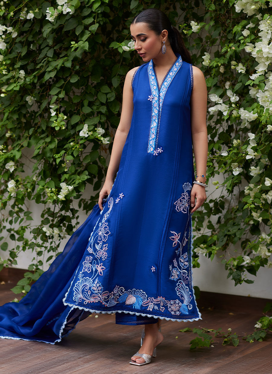 INGA INK BLUE EMBROIDERED RAW SILK SHIRT AND DUPATTA | FARAH TALIB AZIZ
