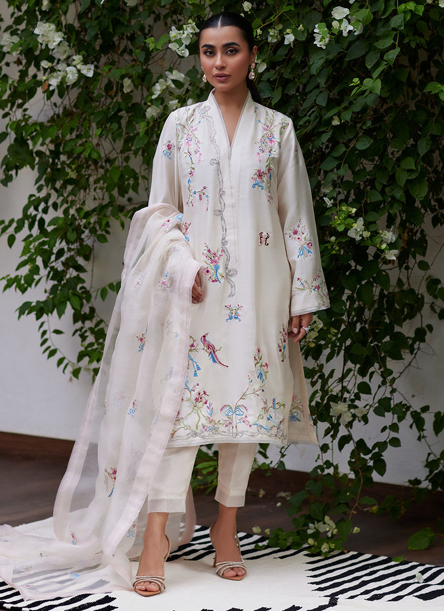 VASILY IVORY EMBROIDERED RAW SILK SHIRT WITH DUPATTA | FARAH TALIB AZIZ