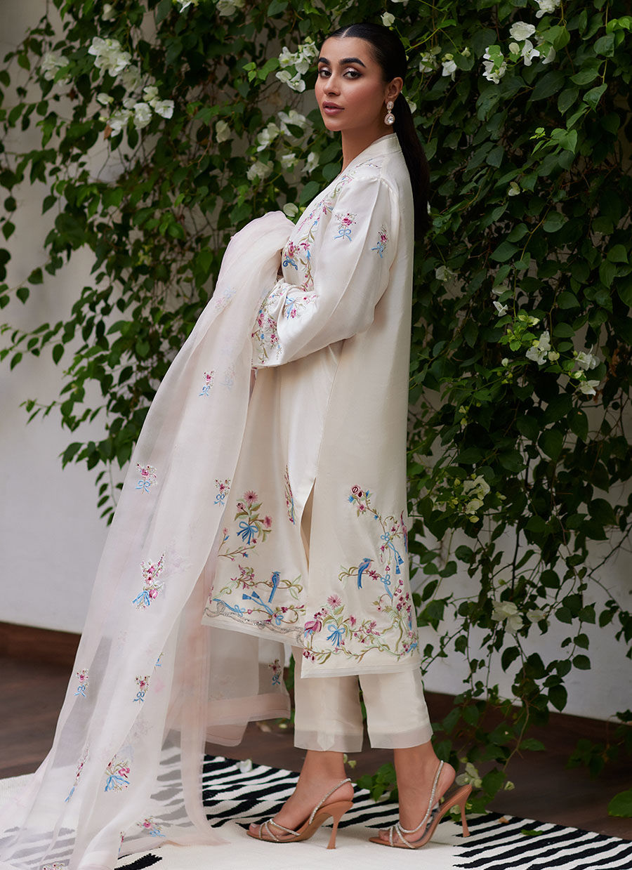 VASILY IVORY EMBROIDERED RAW SILK SHIRT WITH DUPATTA | FARAH TALIB AZIZ