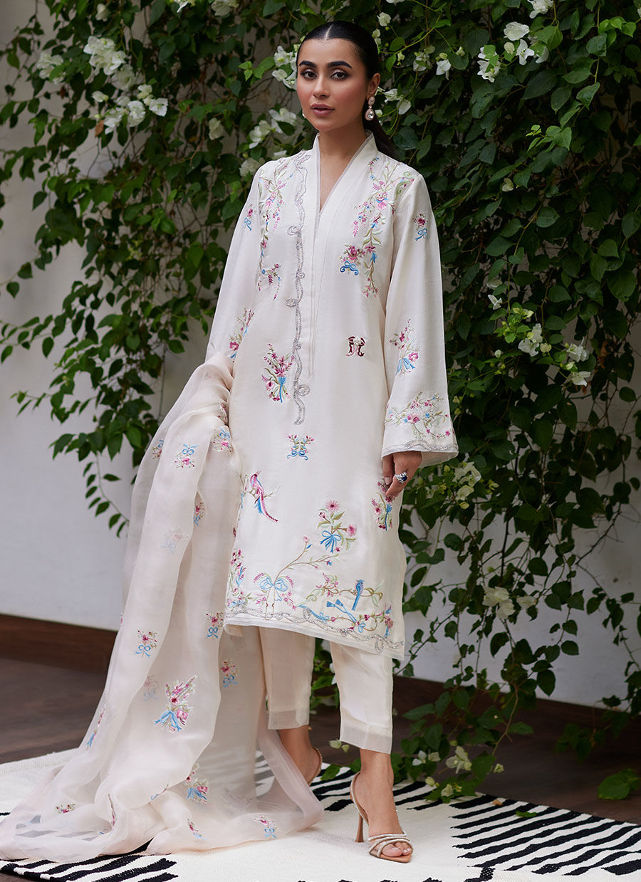 VASILY IVORY EMBROIDERED RAW SILK SHIRT WITH DUPATTA | FARAH TALIB AZIZ