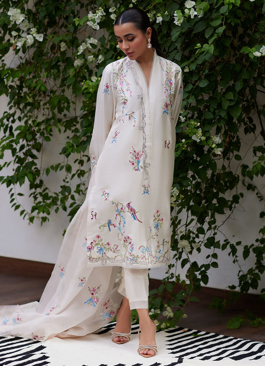 VASILY IVORY EMBROIDERED RAW SILK SHIRT WITH DUPATTA | FARAH TALIB AZIZ