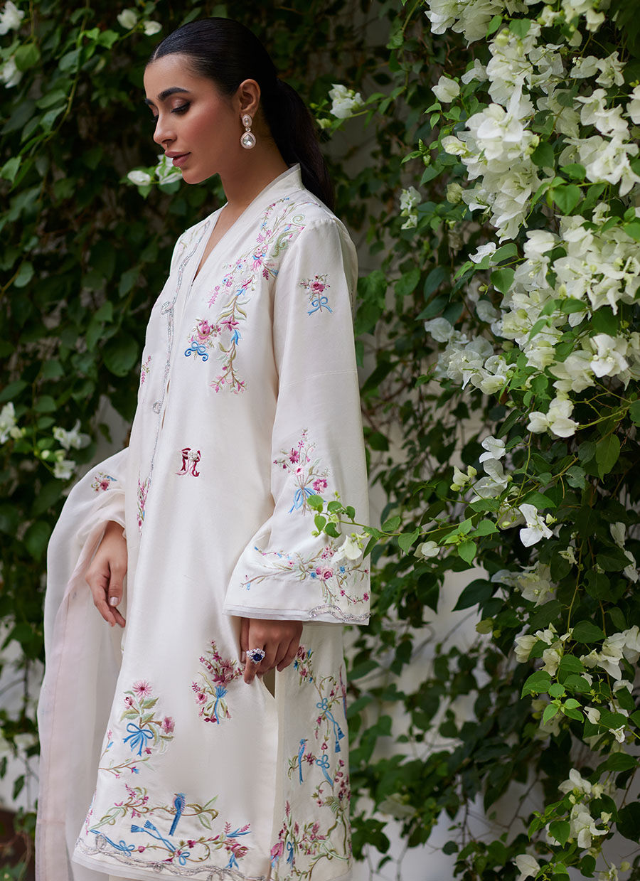 VASILY IVORY EMBROIDERED RAW SILK SHIRT WITH DUPATTA | FARAH TALIB AZIZ