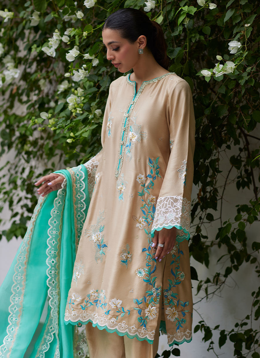 VENIA FRENCH BEIGE EMBROIDERED RAW SILK WITH DUPATTA | FARAH TALIB AZIZ