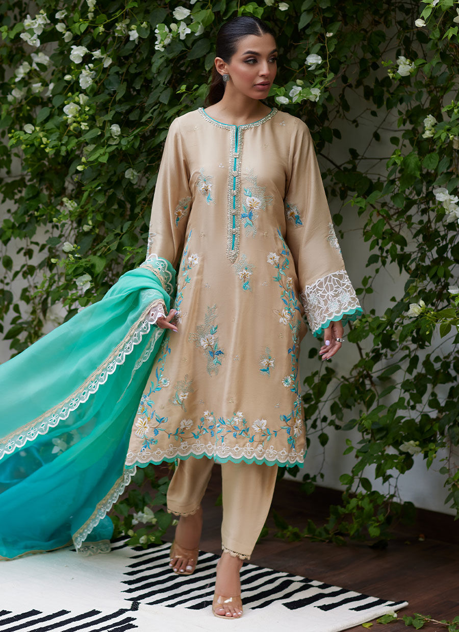VENIA FRENCH BEIGE EMBROIDERED RAW SILK WITH DUPATTA | FARAH TALIB AZIZ