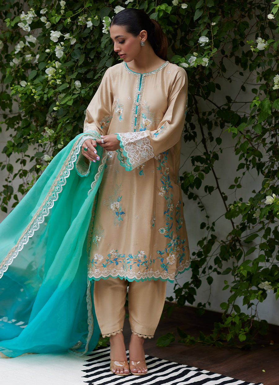 VENIA FRENCH BEIGE EMBROIDERED RAW SILK WITH DUPATTA | FARAH TALIB AZIZ