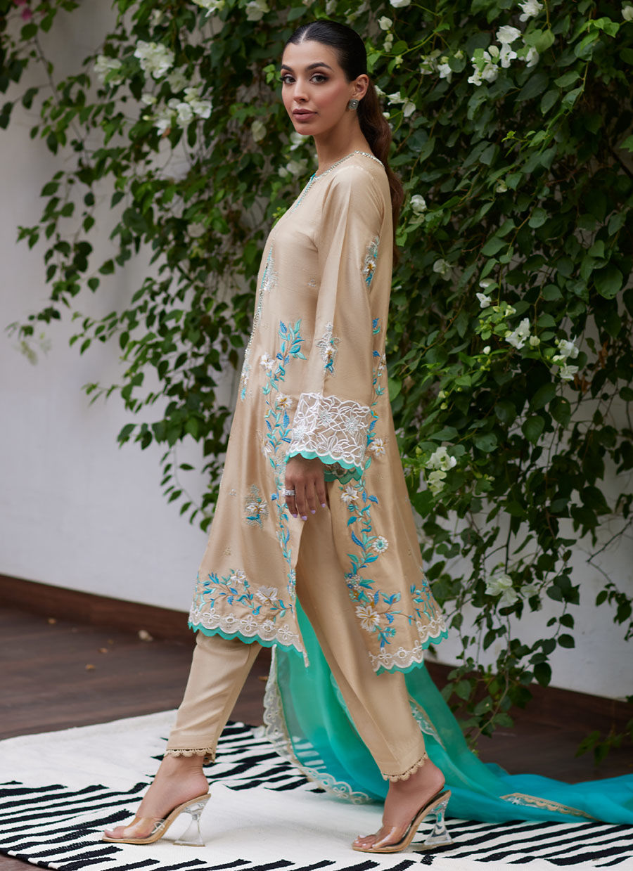 VENIA FRENCH BEIGE EMBROIDERED RAW SILK WITH DUPATTA | FARAH TALIB AZIZ