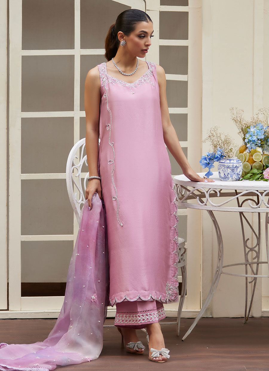 NINEL LILAC EMBELLISHED RAW SILK SHIRT WITH PRINTED ORGANZA DUPATTA | PRET | FARAH TALIB AZIZ