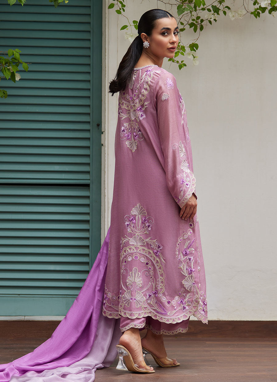 IVAN MAUVE EMBROIDERED COTTON NET SHIRT WITH MEDIUM SILK DUPATTA | FARAH TALIB AZIZ