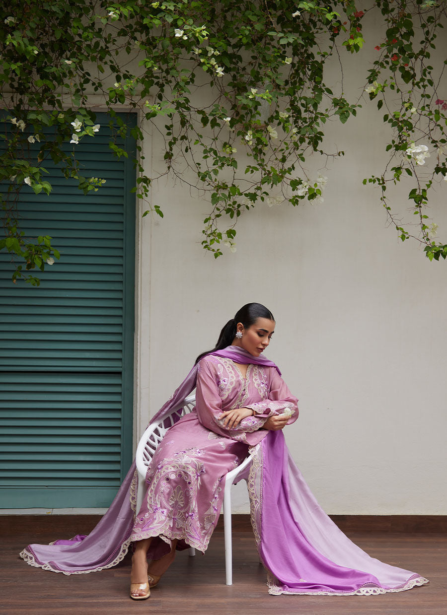 IVAN MAUVE EMBROIDERED COTTON NET SHIRT WITH MEDIUM SILK DUPATTA | FARAH TALIB AZIZ