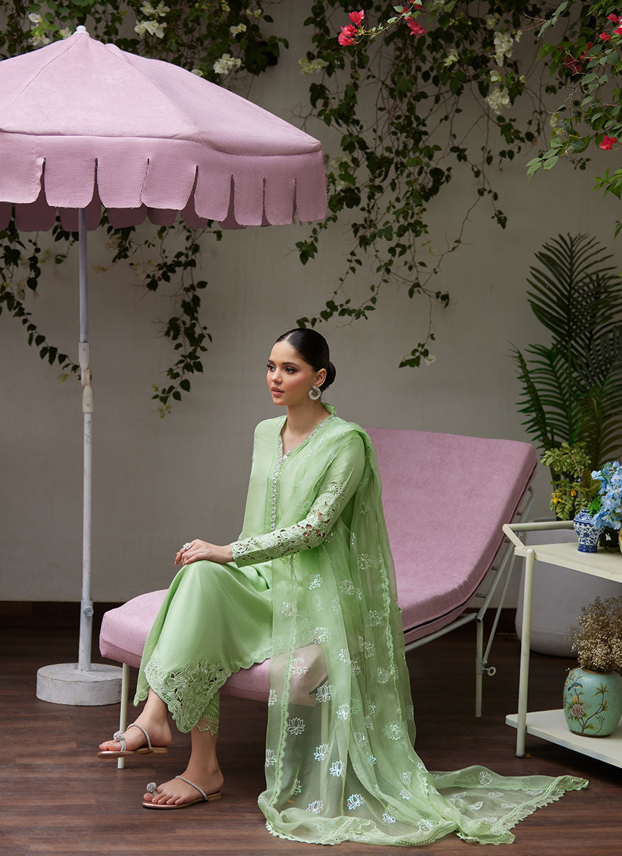 KATYA APPLE GREEN CUTWORK RAW SILK SHIRT WITH ORGANZA DUPATTA | FARAH TALIB AZIZ