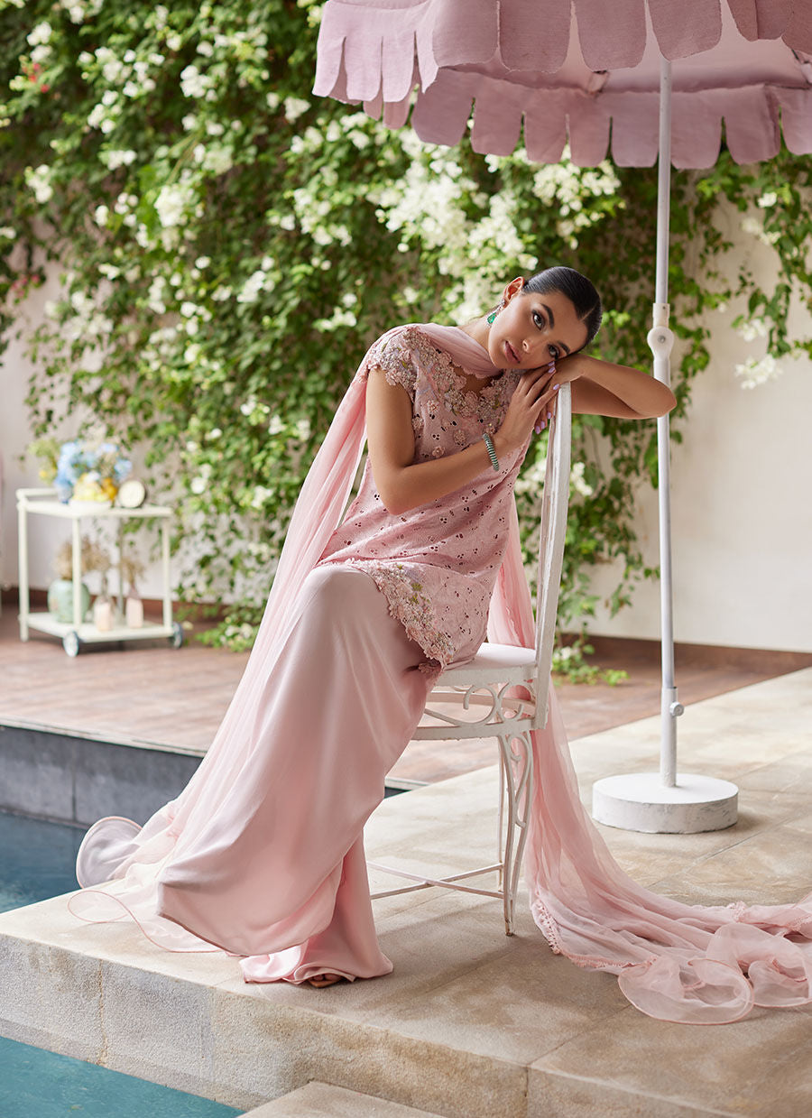KARINA BLUSH SCHIFFLI RAW SILK SHIRT WITH PRE-DRAPED DUPATTA | PRET | FARAH TALIB AZIZ